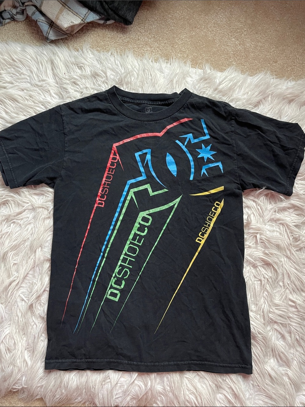 DC Black Short Sleeve Tee with Multicolor Logo Stripes